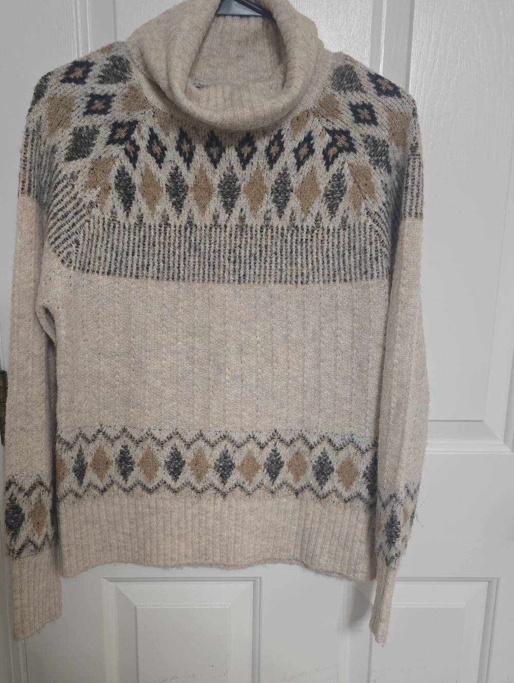Nicole Miller Cream Turtleneck Sweater with Tan and Gray Fair Isle
